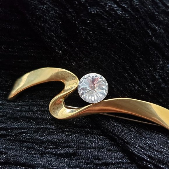 Vintage Large Jewel Gold Tone Abstract Zig Zag Pin Brooch - Picture 3 of 8